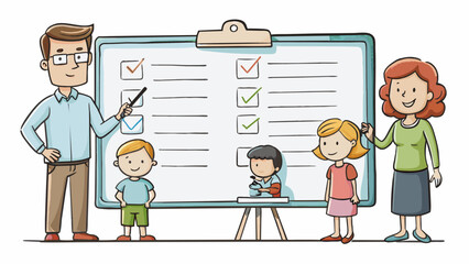 Poster - A list of household chores written on a whiteboard showing different tasks assigned to each family member. This list is characterized by its. Cartoon Vector.