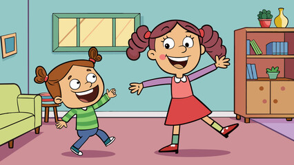 Poster - A little girl with braided pigtails wearing a mismatched outfit and a toothy grin dancing and twirling around the living room with her mother the. Cartoon Vector.