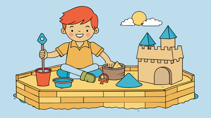 Fototapete - A little boy sits in the sandbox completely engrossed in creating a sandcastle masterpiece. He uses a variety of tools including a shovel bucket and. Cartoon Vector.