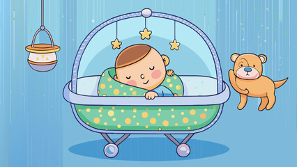 Poster - A little one sleeping peacefully in a cozy bassinet with a soft mobile above playing soothing lullabies and a e animal print on the walls.. Cartoon Vector.