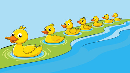 Poster - Along the winding river a group of ducks swim in perfect formation their vibrant feathers shimmering in the sunlight. The water ripples around them. Cartoon Vector.