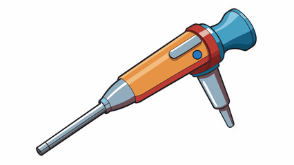 Sticker - A long thin metal instrument with a sharp curved tip used for examining the inside of the ear. It is attached to a handle and has a small light at the. Cartoon Vector.