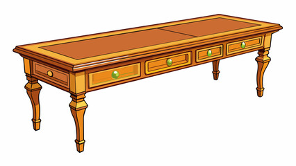 Fototapete - A long wooden table with four legs and a smooth polished surface. There are intricate carvings along the edges and small drawers built into the sides. Cartoon Vector.