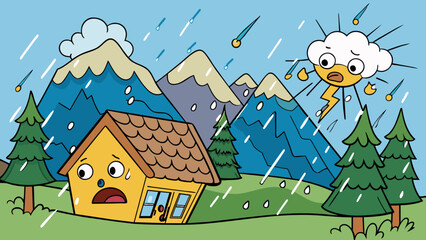 Aufkleber - A loud and sudden thunderclap that echoes through the mountains followed by heavy rain that drums against the roof. The wind howls and the trees sway. Cartoon Vector.