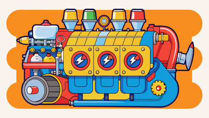 Canvas Print - A loud powerful engine with multiple connected compartments painted in bright colors and adorned with logos and slogans.. Cartoon Vector.