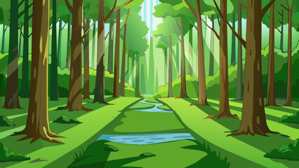 A lush green forest with tall trees stretching up towards the sky. The ground is covered in moss and fallen leaves and a small stream winds its way. Cartoon Vector.