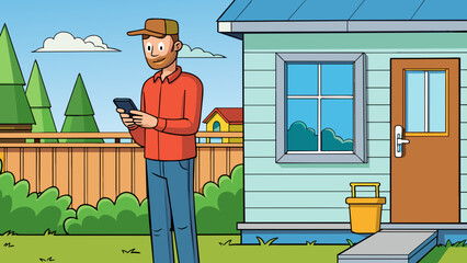 Aufkleber - A man standing outside his house constantly checking his phone while pacing back and forth on the porch.. Cartoon Vector.