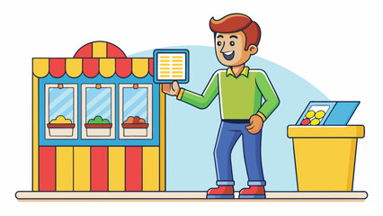 Poster - A man stands in line at the ticket booth of a amut park shifting from one foot to the other as he waits for his turn. He studies the brightly colored. Cartoon Vector.