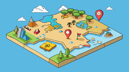 Poster - A map is a visual representation of a geographic location or area typically on a flat surface but can also take a threedimensional form. It includes. Cartoon Vector.