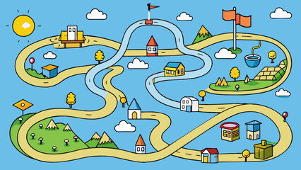 Poster - A map with winding pathways and various routes illustrating the different paths a thought can take leading to different destinations and conclusions.. Cartoon Vector.