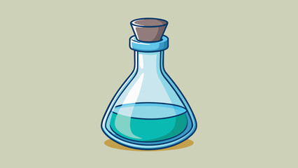 Poster - A mediumsized transparent glass bottle with a thin smooth neck and a wide circular base. It is filled with a clear liquid that reflects light and has. Cartoon Vector.