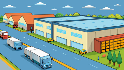 Poster - A massive warehouse with a corrugated metal exterior and several loading docks surrounded by a large parking lot filled with delivery trucks.. Cartoon Vector.