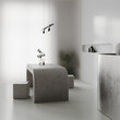 © Oleksandr Shcherban/Stocksy - Minimalist monochrome interior with concrete and metal furniture, 3d