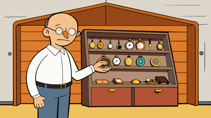 Poster - A middleaged man with a bald head wearing a crisp white shirt and khaki pants meticulously arranging his collection of antique pocket watches on a. Cartoon Vector.