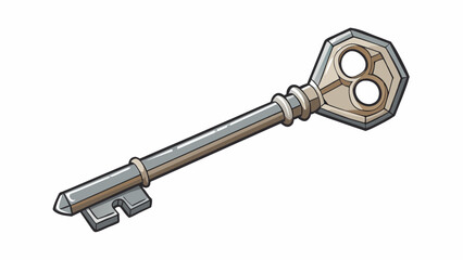 Fototapete - A metal key This object is small and silvery in color with a long and narrow rectangular shape. It also has a ridged end for grip and a circular head. Cartoon Vector.