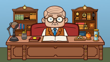 Poster - A middleaged man with glasses sitting at a vintage rolltop desk. The desk is filled with antique knickknacks and a large leatherbound planner sits. Cartoon Vector.