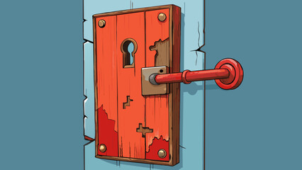Poster - A metal door with a peeling layer of red paint showing hints of rust underneath. The lock is old and rusted with a large keyhole and a stiff handle. Cartoon Vector.