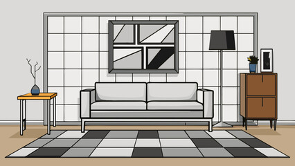 Poster - A minimalist apartment with sleek modern furniture. The walls are painted white the floors are covered in light gray tiles and there is a large black. Cartoon Vector.