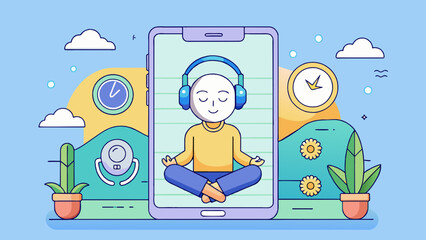 Wall Mural - A mindfulness app that guides users through meditation and relaxation techniques. The objects within the app include soothing background music a timer. Cartoon Vector.