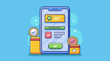 Poster - A mobile payment confirmation screen with a colorful and modern design. The total amount paid and the business name are prominently displayed along. Cartoon Vector.