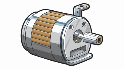 Poster - A metallic cylindrical pencil sharr with a textured grip on one side. It has a shiny silver finish and a small lever on the back to release shavings.. Cartoon Vector.