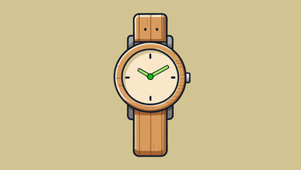 Poster - A minimalist wrisch with a wooden face and s giving it a natural and ecofriendly aesthetic. The hands are thin and black and the numbers are also. Cartoon Vector.