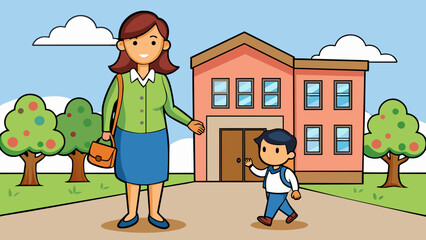 Poster - A mother bringing her child to school A caring mother holds her young childs hand as they walk towards a cheerful school building. The mother brings. Cartoon Vector.