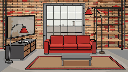 Poster - A modern industrial loft apartment with exposed brick walls and concrete floors. The living room is furnished with a large leather sectional couch and. Cartoon Vector.