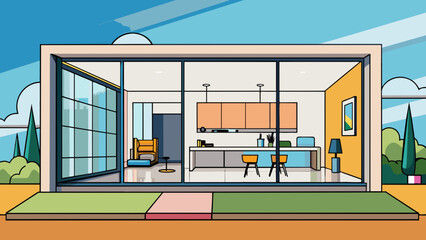 Poster - A modern house with a large glass panel on one side allowing for natural light to flood the open concept living room. The kitchen has sleek granite. Cartoon Vector.