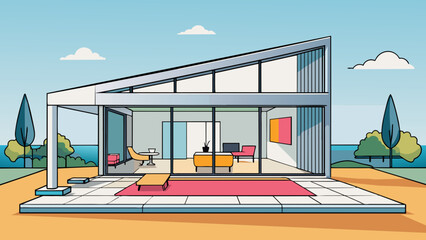 Poster - A modern minimalist house made of glass and concrete. The interior is sleek and open with high ceilings and large windows that let in ample natural. Cartoon Vector.