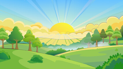 Fototapete - A morning mist slowly dissipates as the sun rises revealing the lush greenery that was previously hidden. The air is cool and fresh and the sunlight. Cartoon Vector.