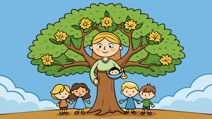Poster - A mother is a sy and reliable oak tree providing shelter and strength for her family to lean on.. Cartoon Vector.