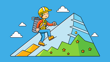 Poster - A mountain climber reaching higher altitudes with each step the terrain becoming steeper and more challenging.. Cartoon Vector.