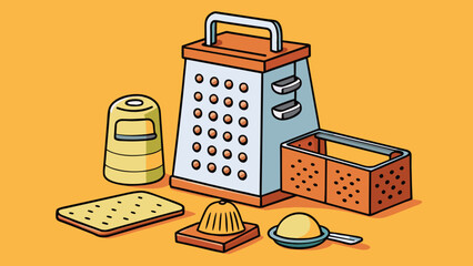 Poster - A multifunctional kitchen gadget whose blades can be switched out for various tasks like slicing chopping and grating.. Cartoon Vector.