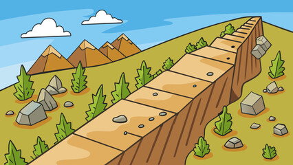 A mountain trail with unstable rocks and a steep incline posing the risk of slipping and falling while climbing.. Cartoon Vector.