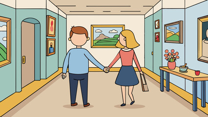Poster - A museum date A pair of art lovers stroll hand in hand through a quiet gallery. The walls are lined with paintings of various sizes and styles each. Cartoon Vector.