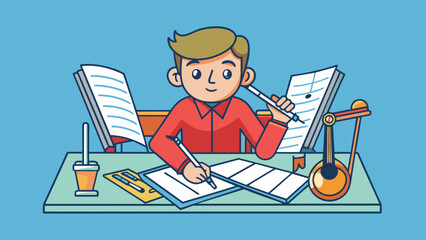 Poster - A musician sits at their desk surrounded by music sheets and a pencil. They meticulously go through each note marking any changes or adjustments. Cartoon Vector.