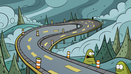 Wall Mural - A narrow and winding road that leads through a thick fog making it impossible to see what lies ahead. Every turn and bend makes your heart race. Cartoon Vector.