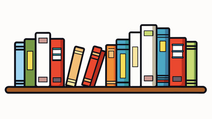 Poster - A neat and organized arrangement of books on a shelf with each spine facing out and grouped according to genre or author. The books are all of similar. Cartoon Vector.