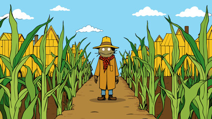 Poster - A narrow lot filled with rows of tall swaying cornstalks. In the center a scarecrow stands guard its tattered clothes flapping in the wind.. Cartoon Vector.