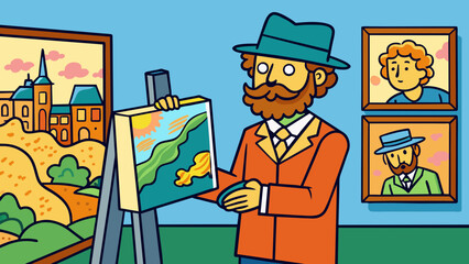 Aufkleber - An art historian closely studying a painting noting its use of color brushstrokes and overall composition. The painting appears to be from the. Cartoon Vector.