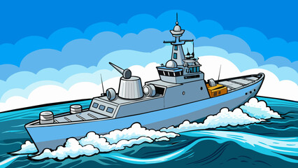Aufkleber - A naval ship slicing through the choppy ocean waters its formidable guns and radar systems ready to defend against any potential threats.. Cartoon Vector.