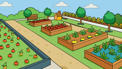 Aufkleber - An empty lot that has been converted into a community garden. Raised beds filled with a variety of fruits and vegetables are meticulously cared for. Cartoon Vector.