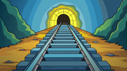Poster - A neverending train track disappearing into a dark tunnel its steel rails glinting in the sunlight.. Cartoon Vector.