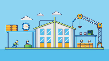 Poster - A newly constructed building starting as a simple frame of beams and gradually taking shape with walls windows and other architectural details.. Cartoon Vector.