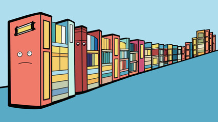 Poster - A neverending row of books lining the shelves of a library their spines disappearing into the horizon.. Cartoon Vector.