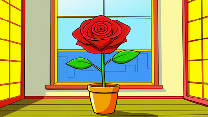 Poster - An excerpt describing a painting of a vibrant red rose in a vase on a windowsill. It mentions the vivid color of the rose petals and the warm natural. Cartoon Vector.
