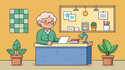 Poster - An older secretary opening the mail at a small reception desk. Behind her a bulletin board is littered with notes and photos and a miniature potted. Cartoon Vector.