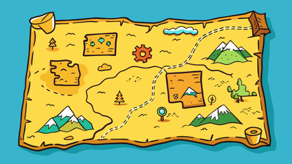 Poster - An old map with yellowed edges marked with routes and handwritten notes. This map was used on a backpacking trip and it brings back memories of. Cartoon Vector.