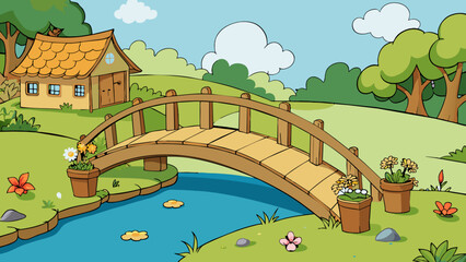 Aufkleber - An old wooden bridge spans across a gently flowing river its mosscovered banks teeming with life. A quaint cottage sits by the edge of the water with. Cartoon Vector.